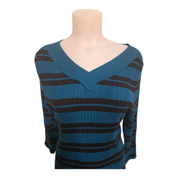 United States Sweaters XL V-Neck Pullover Turquoise Blue Black Striped Stretch - Picture 7 of 16